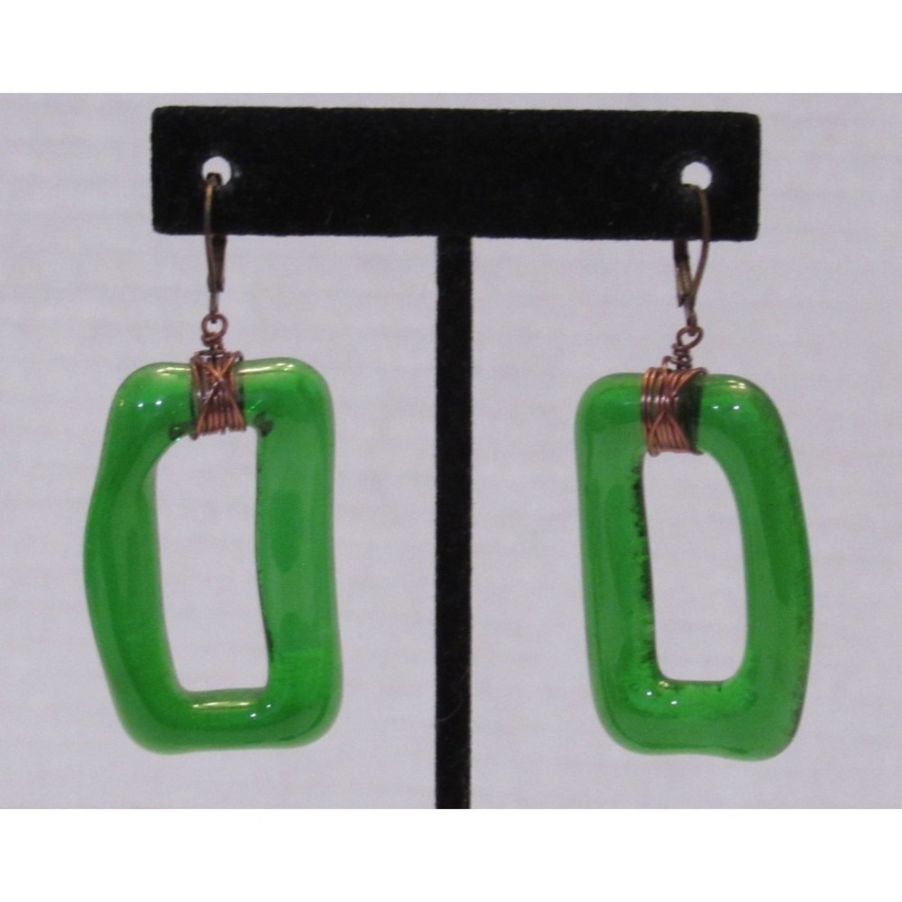 Vintage Green Glass Upcycled Handmade Earrings Copper Wire Dangle Artisan Artsy